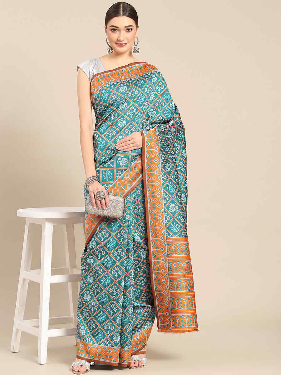 Aqua Blue Silk Blend Kanjivaram Wedding Festival Heavy Border Saree