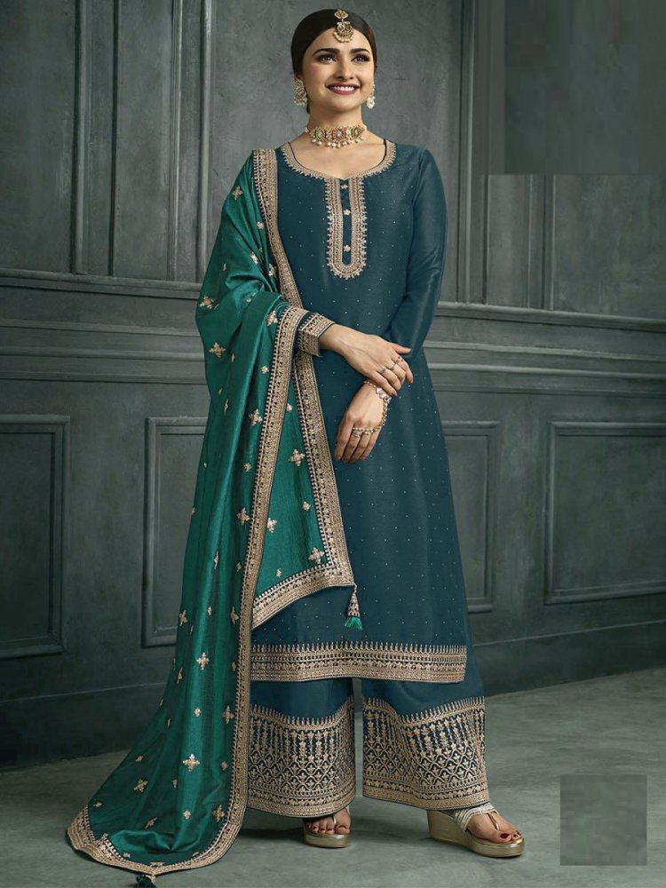 Aqua Blue Silk Georgette Embroidered Festival Wedding Palazzo Pant Bollywood Style Salwar Kameez