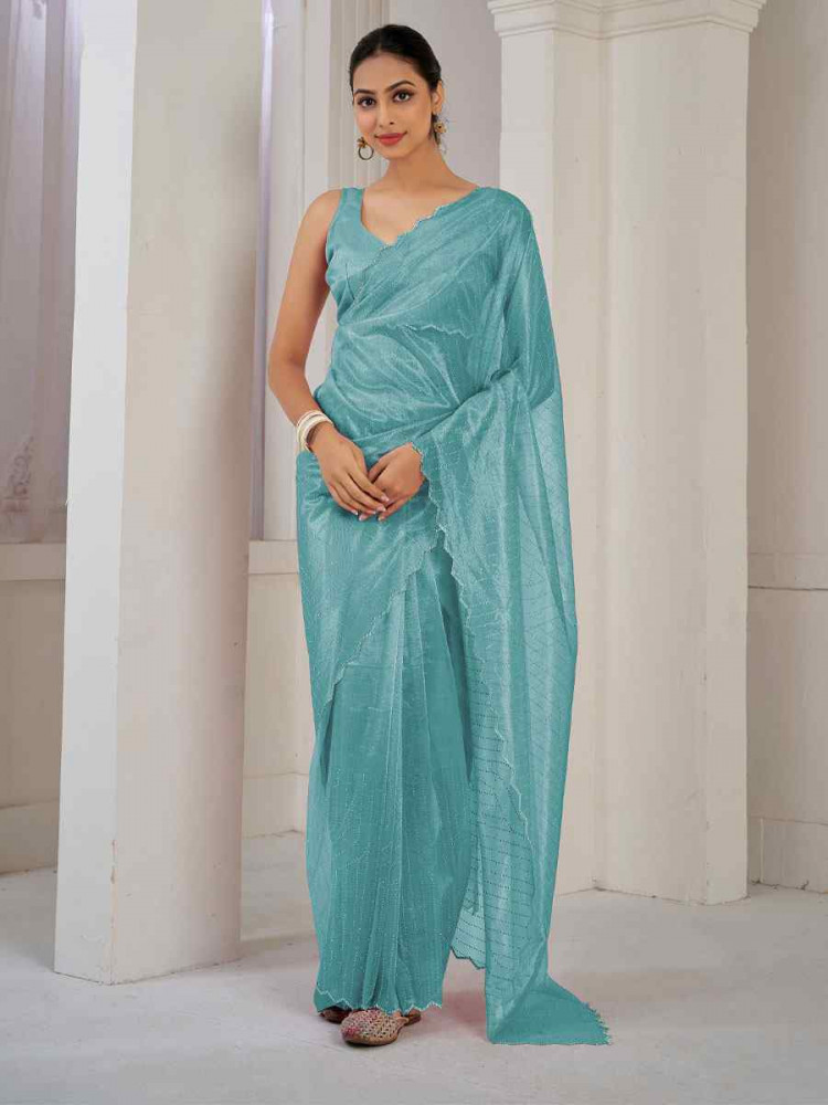 Aqua Blue Soft Organza Net Handwoven Festival Party Classic Style Saree