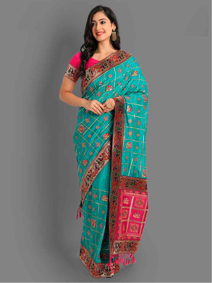 Aqua Blue Soft Silk Embroidered Wedding Festival Classic Style Saree