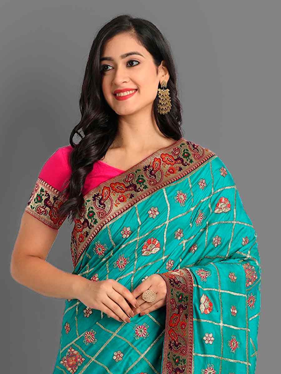 Aqua Blue Soft Silk Embroidered Wedding Festival Classic Style Saree