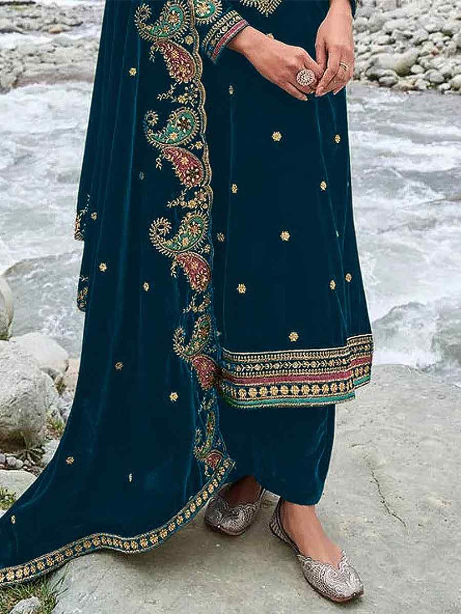 Aqua Blue Velvet Embroidered Festival Mehendi Pant Salwar Kameez