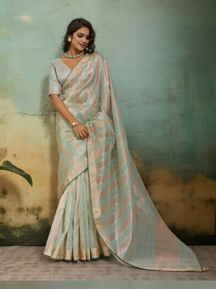 Image of Aqua Cotton Silk Plain Wedding Party Festival Casual Reception Classic Style Sarees