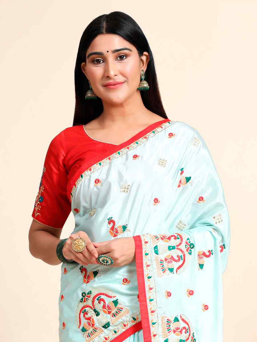 Aqua Crepe Silk Embroidered Wedding Festival Classic Style Saree