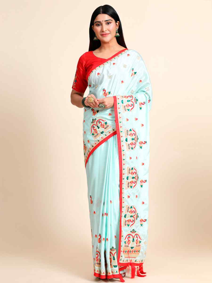 Aqua Crepe Silk Embroidered Wedding Festival Classic Style Saree