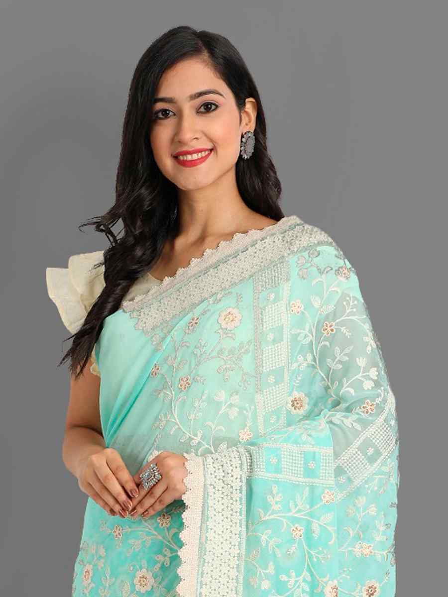 Aqua Georgette Embroidered Wedding Festival Classic Style Saree