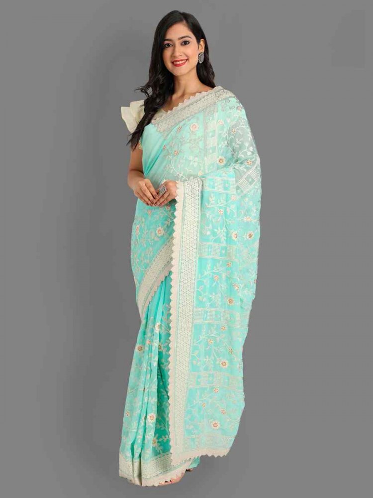 Aqua Georgette Embroidered Wedding Festival Classic Style Saree