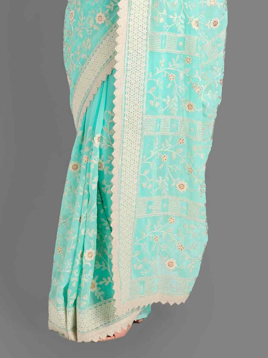 Aqua Georgette Embroidered Wedding Festival Classic Style Saree