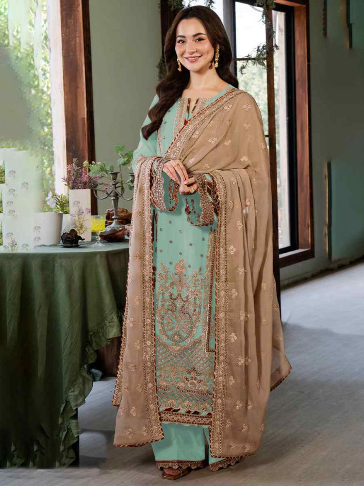 Aqua Heavy Faux Georgette Embroidered Festival Wedding Palazzo Pant Salwar Kameez