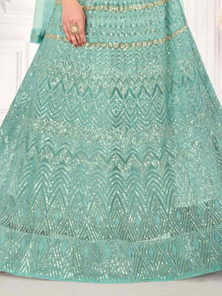 Aqua Net Embroidered Sequins Wedding Heavy Border Lehenga Choli