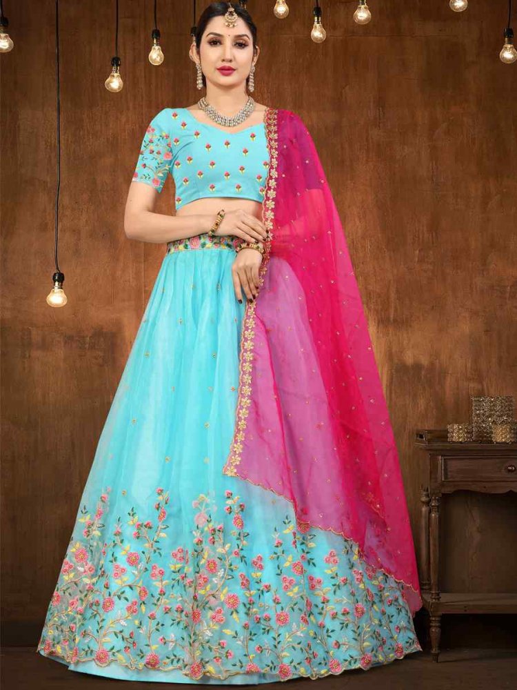 Aqua Organza Embroidered Festival Wedding Heavy Border Lehenga Choli
