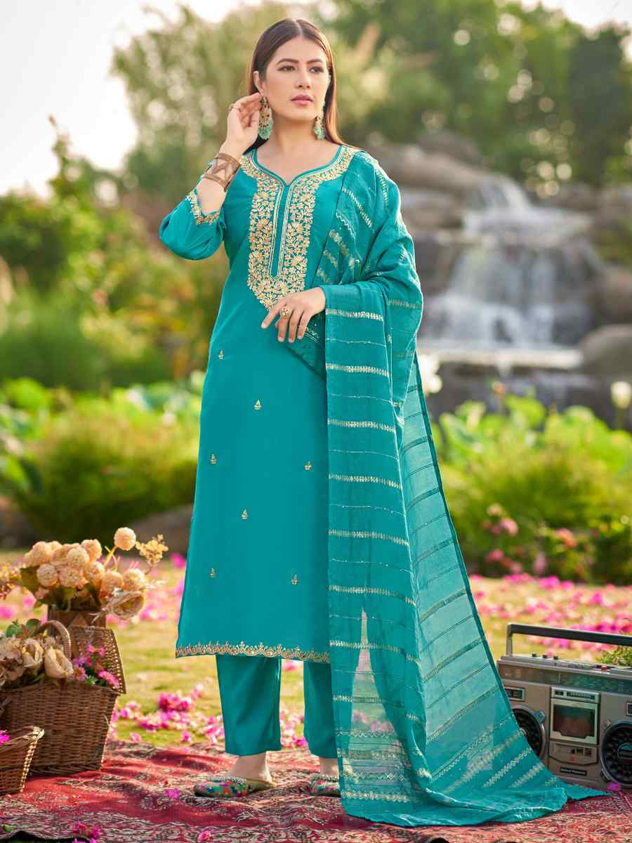 Aqua Simmer Silk Embroidered Party Wedding Ready Pant Salwar Kameez