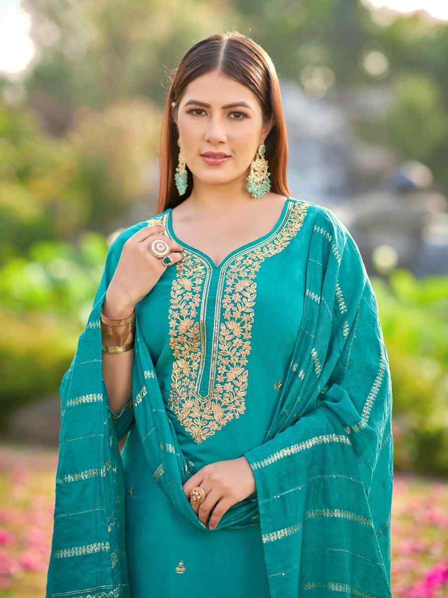 Aqua Simmer Silk Embroidered Party Wedding Ready Pant Salwar Kameez