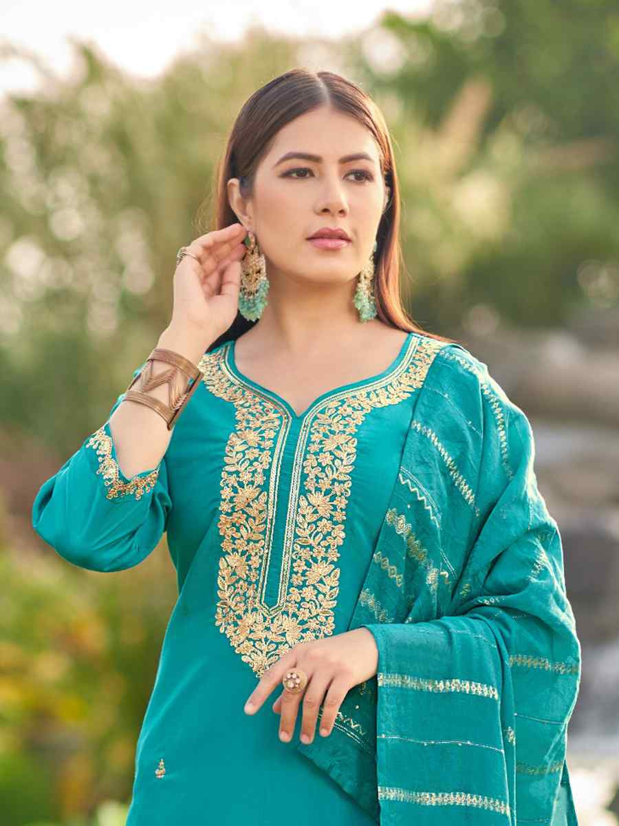Aqua Simmer Silk Embroidered Party Wedding Ready Pant Salwar Kameez