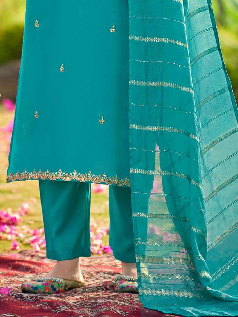 Aqua Simmer Silk Embroidered Party Wedding Ready Pant Salwar Kameez