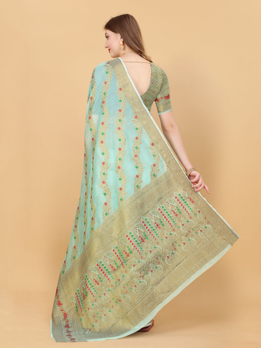 Aqua Soft Cotton Silk Handwoven Party Saree