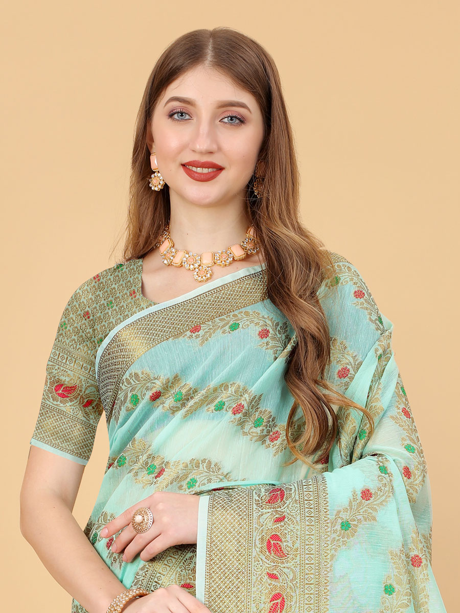 Aqua Soft Cotton Silk Handwoven Party Saree