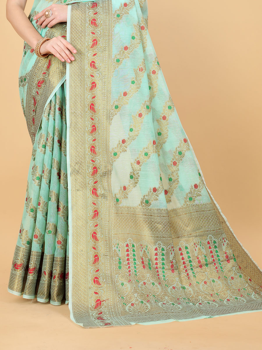 Aqua Soft Cotton Silk Handwoven Party Saree