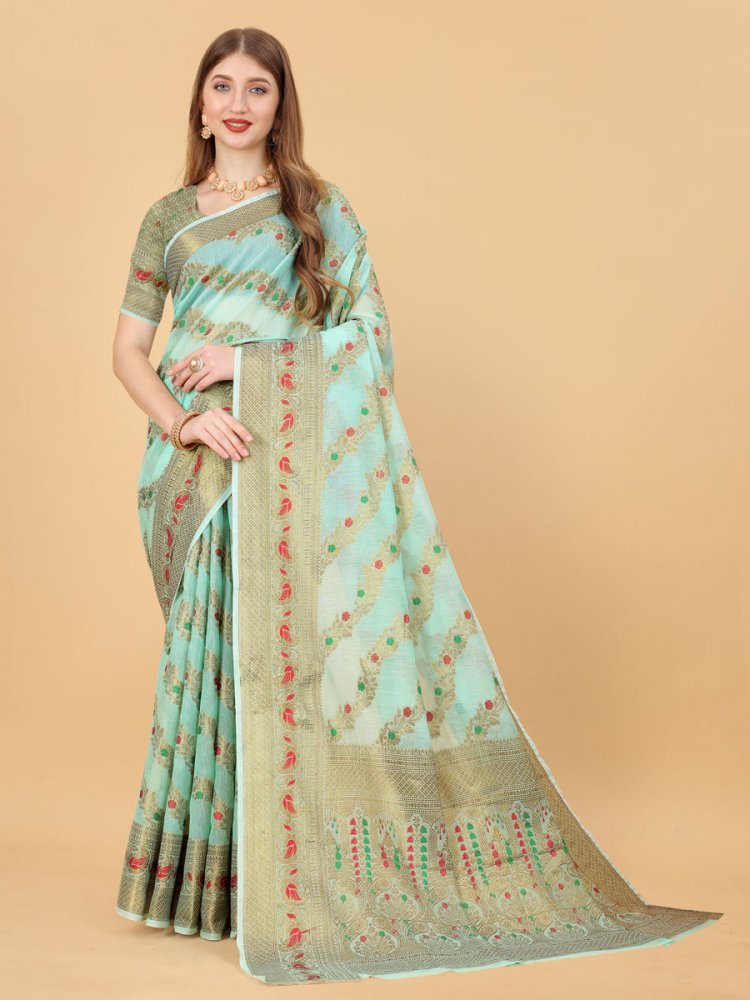 Aqua Soft Cotton Silk Handwoven Party Saree