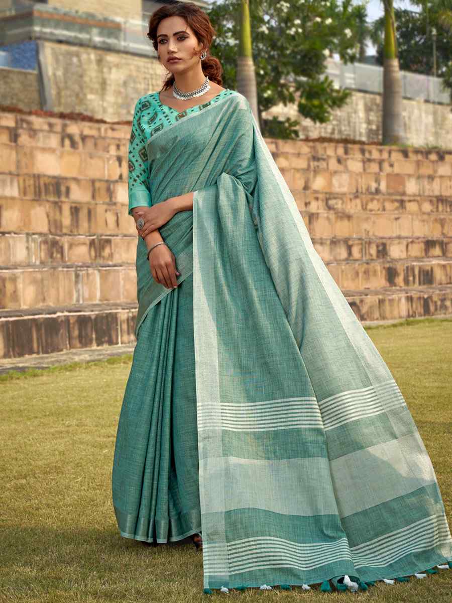Aqua Teal Soft linen Silk Printed Casual Festival Contemporary Saree