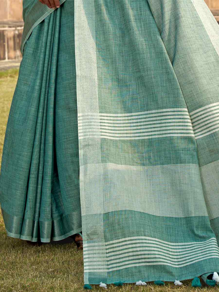 Aqua Teal Soft linen Silk  Printed Casual Festival Contemporary Saree