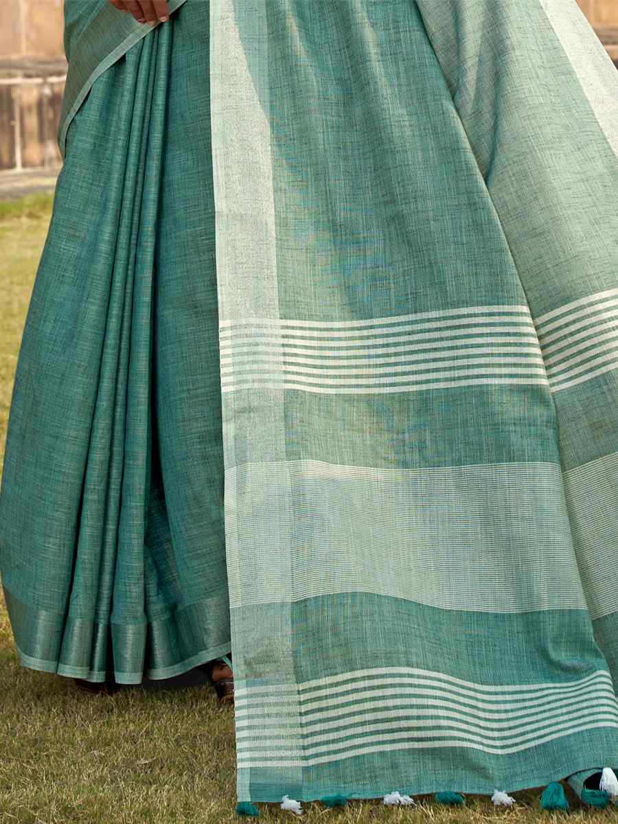Aqua Teal Soft linen Silk Printed Casual Festival Contemporary Saree