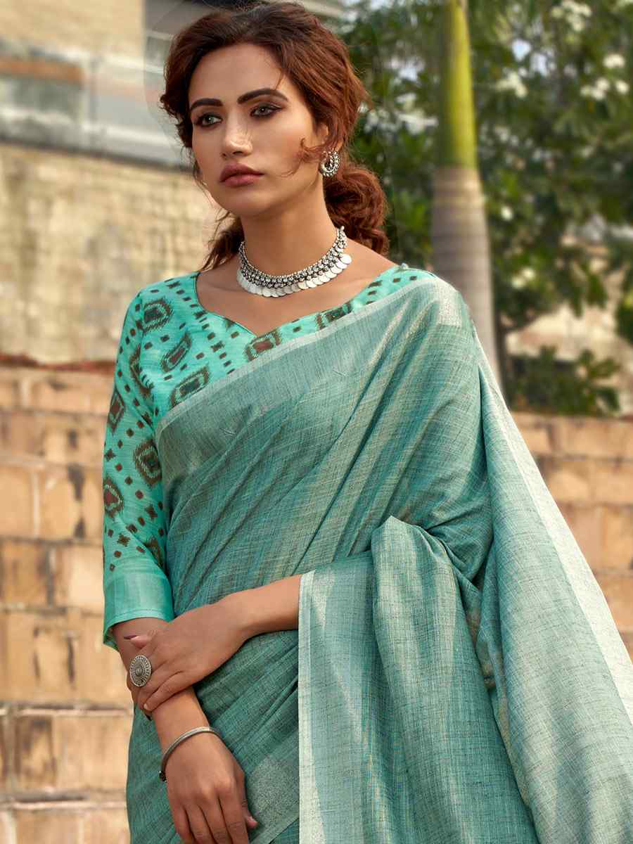 Aqua Teal Soft linen Silk Printed Casual Festival Contemporary Saree