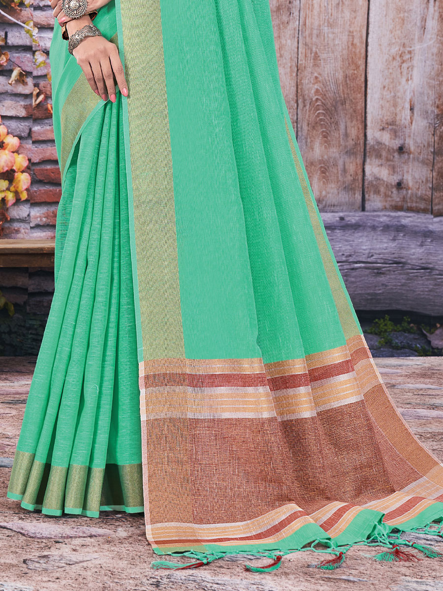 Aquamarine Cyan Blue Linen Plain Festival Saree