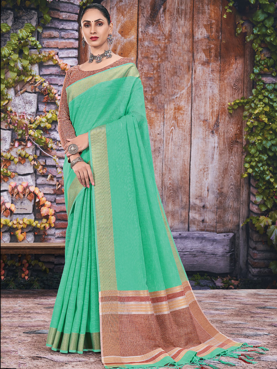 Aquamarine Cyan Blue Linen Plain Festival Saree