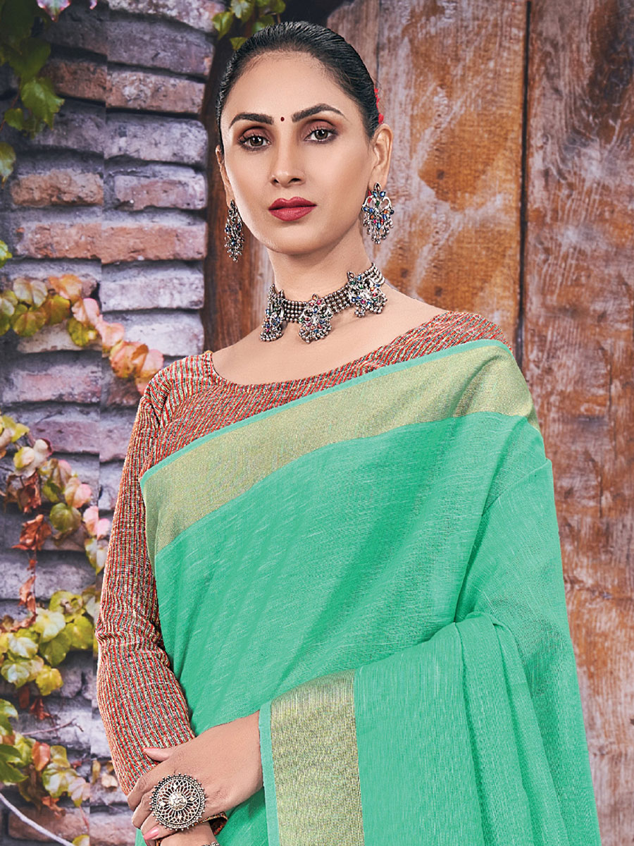 Aquamarine Cyan Blue Linen Plain Festival Saree