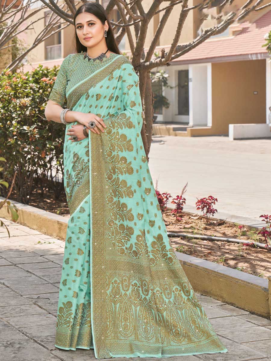 Aquamarine Cyan Cotton Handwoven Party Saree
