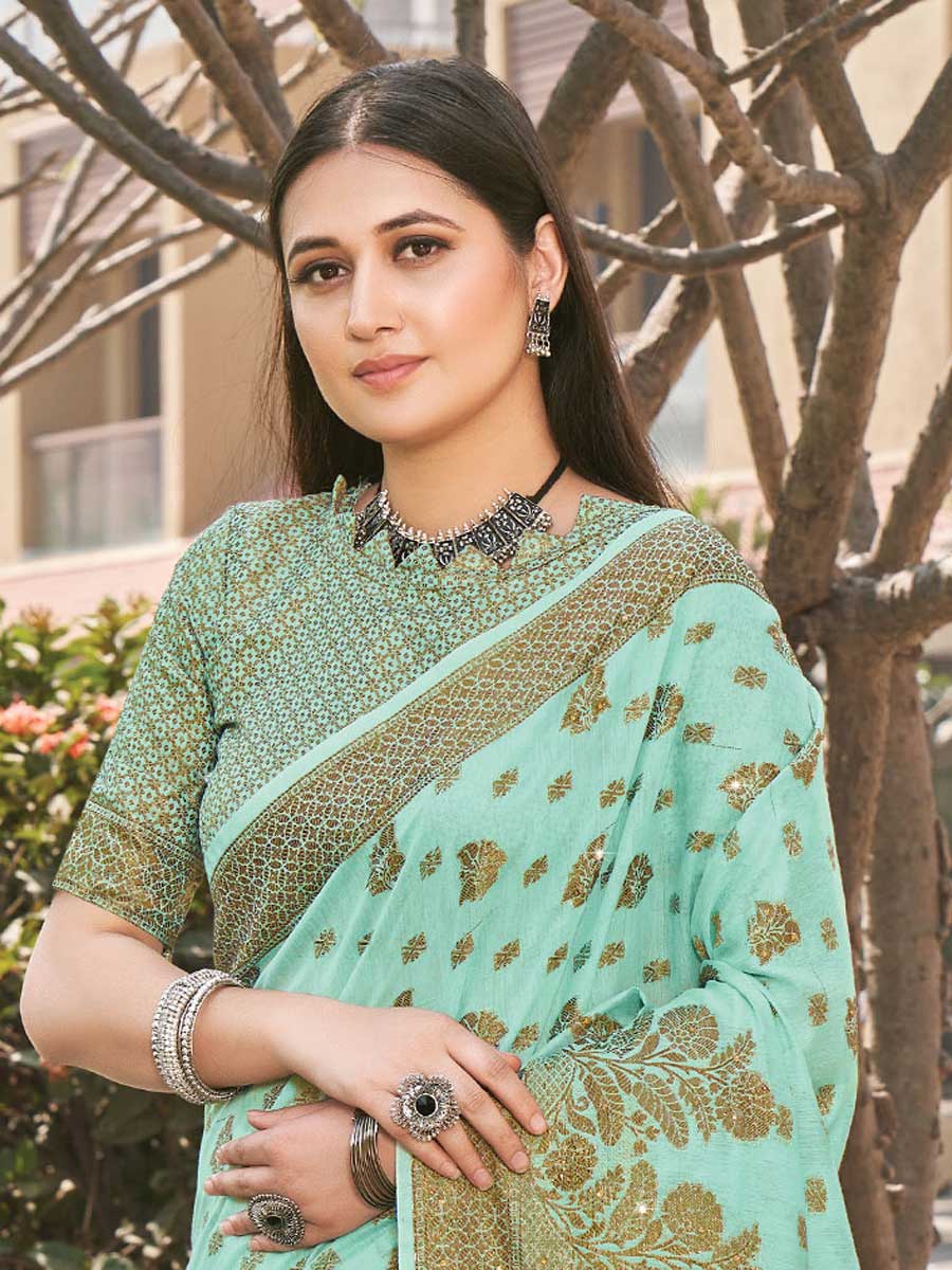 Aquamarine Cyan Cotton Handwoven Party Saree