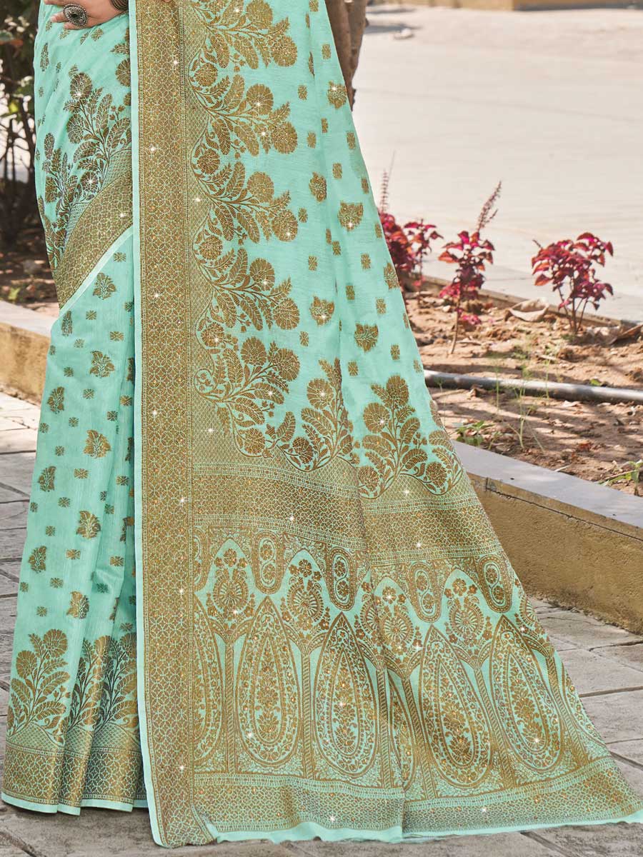Aquamarine Cyan Cotton Handwoven Party Saree