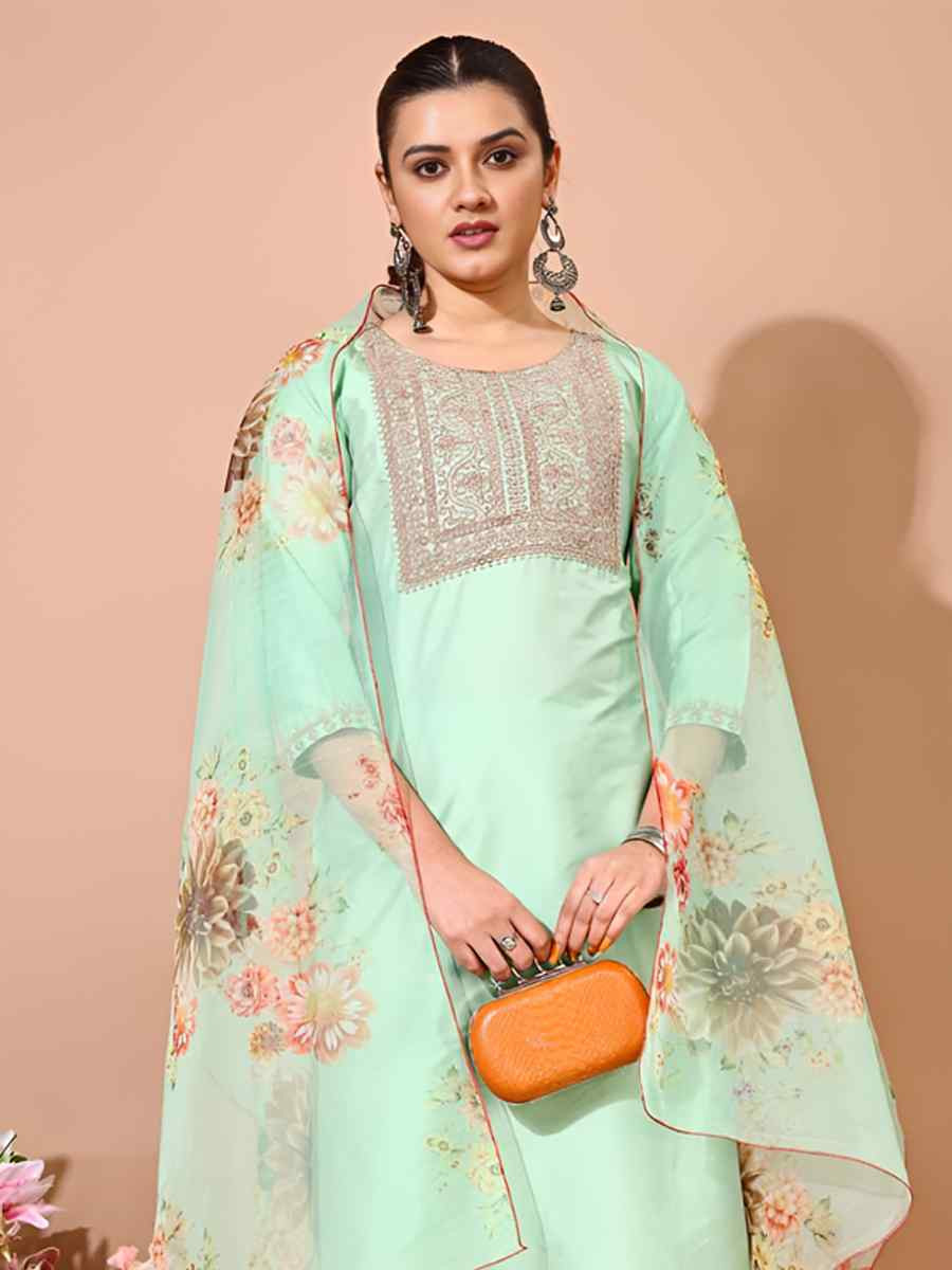 Aquamarine Taffeta Silk Embroidered Festival Casual Pant Ready Salwar Kameez