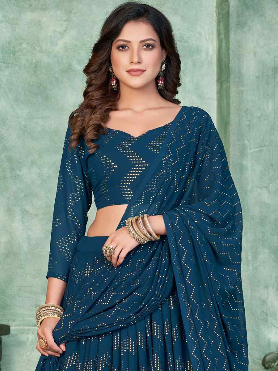 Aque Blue Georgette Embroidered Reception Wedding Heavy Border Lehenga Choli