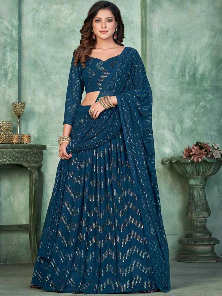 Aque Blue Georgette Embroidered Reception Wedding Heavy Border Lehenga Choli