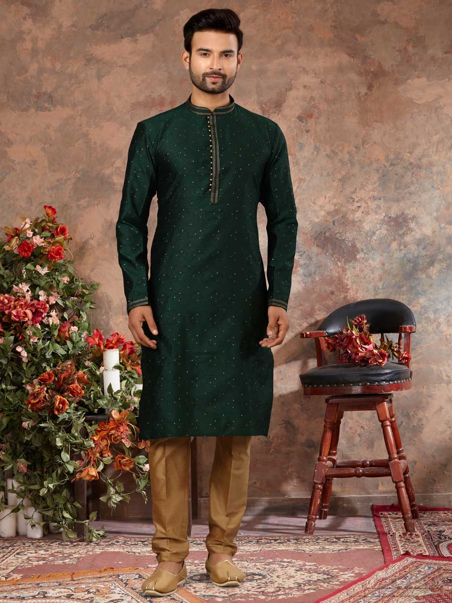 Army Green Jacquard Embroidered Festival Kurta Set