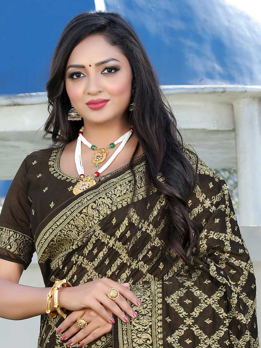 Army Green Vichitra Silk Embroidered Festival Saree