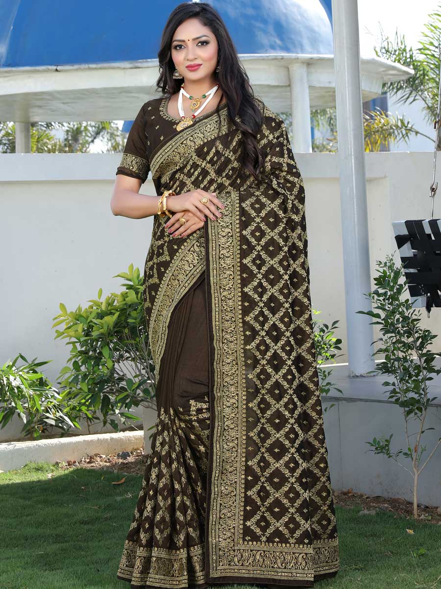 Army Green Vichitra Silk Embroidered Festival Saree