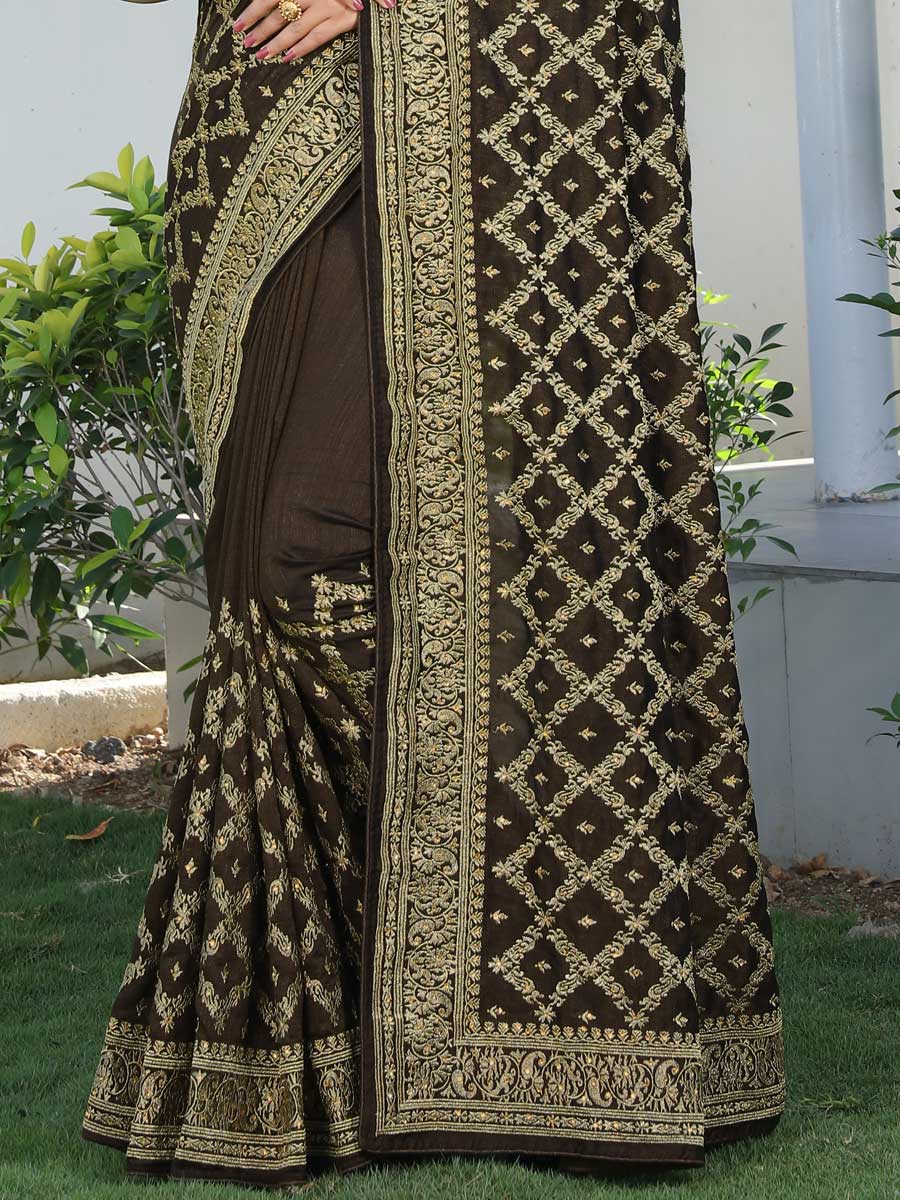 Army Green Vichitra Silk Embroidered Festival Saree