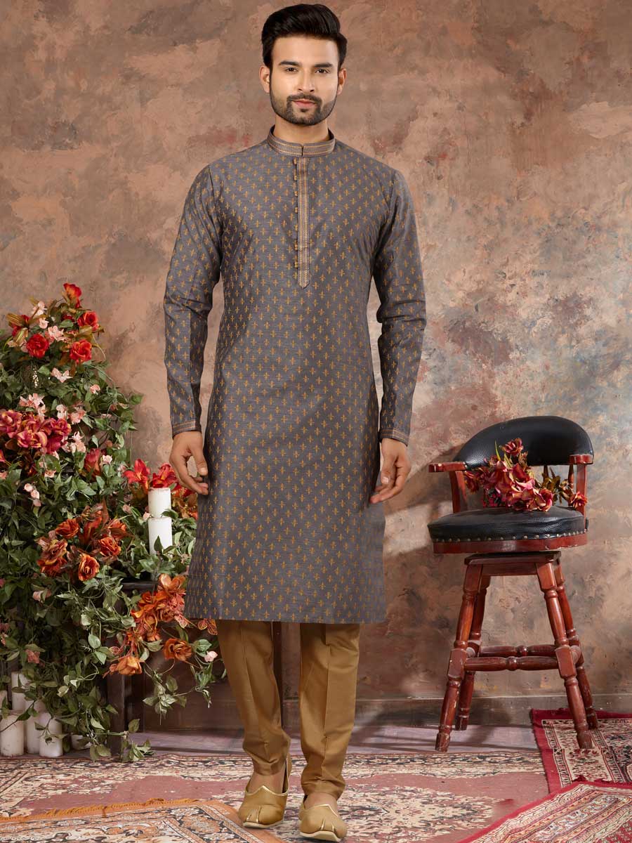 Arsenic Gray Silk Embroidered Festival Kurta Set