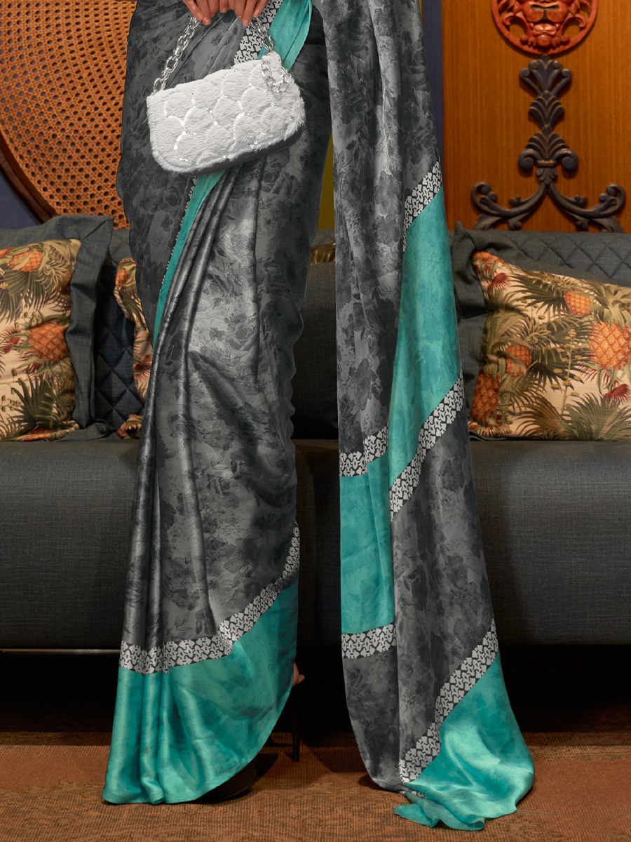 Arsenic Grey Crepe Festival Printed Saree
