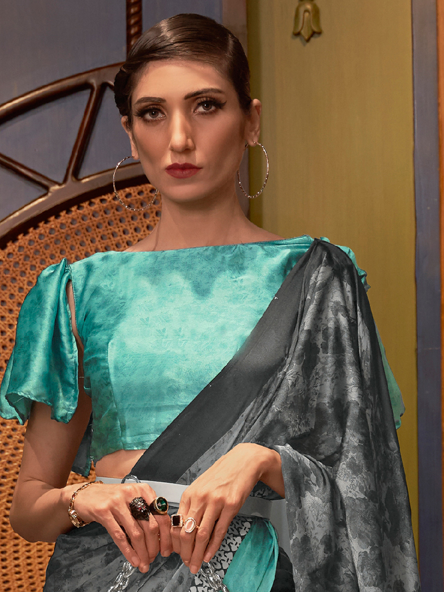 Arsenic Grey Crepe Festival Printed Saree
