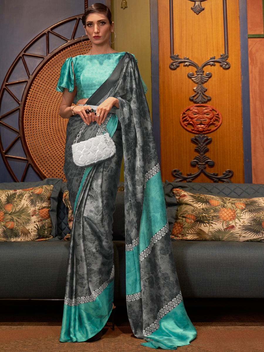 Arsenic Grey Crepe Festival Printed Saree