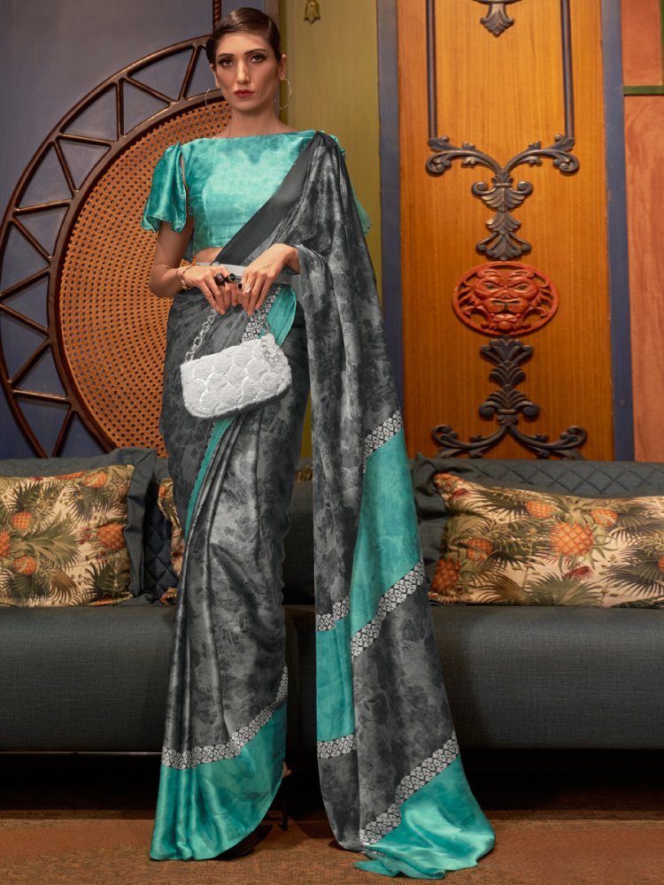 Arsenic Grey Crepe Festival Printed Saree
