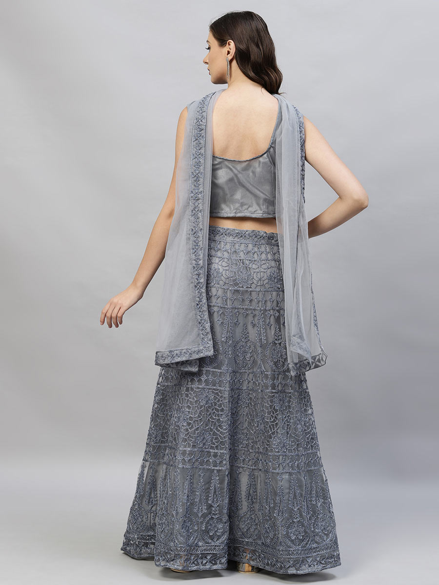 Arsenic Grey Net Embroidered Party Lehenga Choli