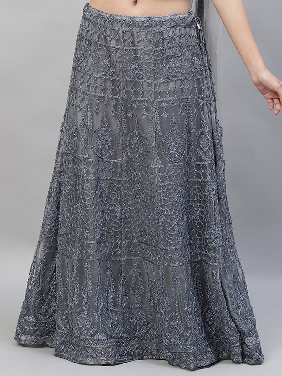 Arsenic Grey Net Embroidered Party Lehenga Choli