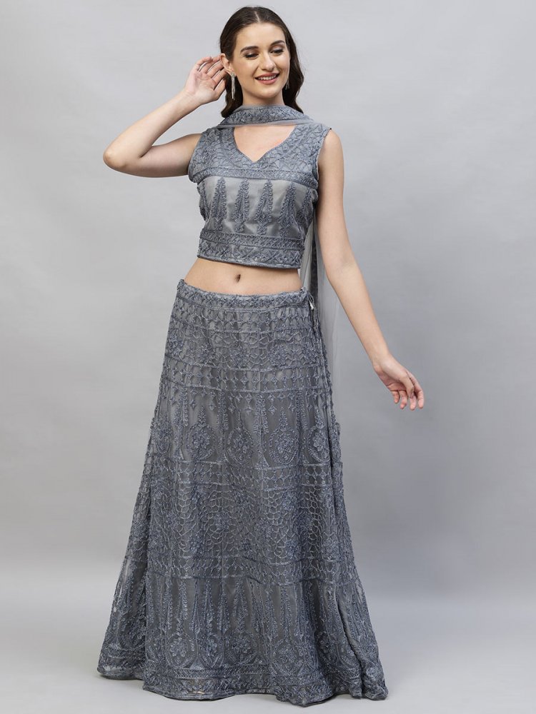 Arsenic Grey Net Embroidered Party Lehenga Choli