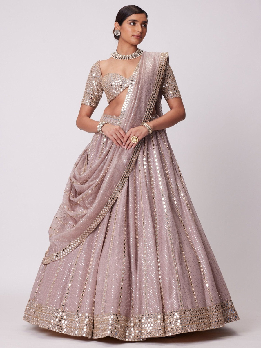 Ash Pink Semi Viscose Organza Embroidery Sequins Zari Wedding Party Festival Heavy Border Lehenga Choli