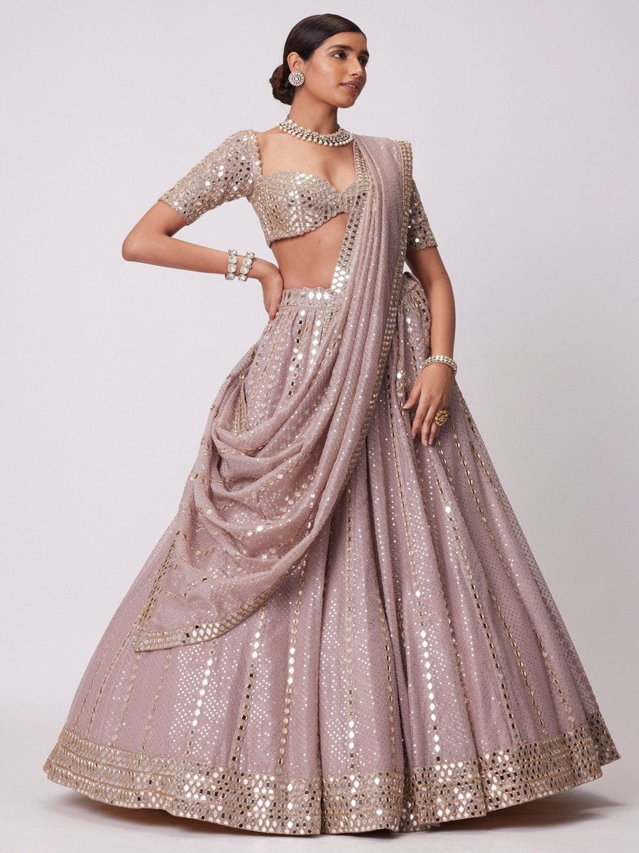 Ash Pink Semi Viscose Organza Embroidery Sequins Zari Wedding Party Festival Heavy Border Lehenga Choli